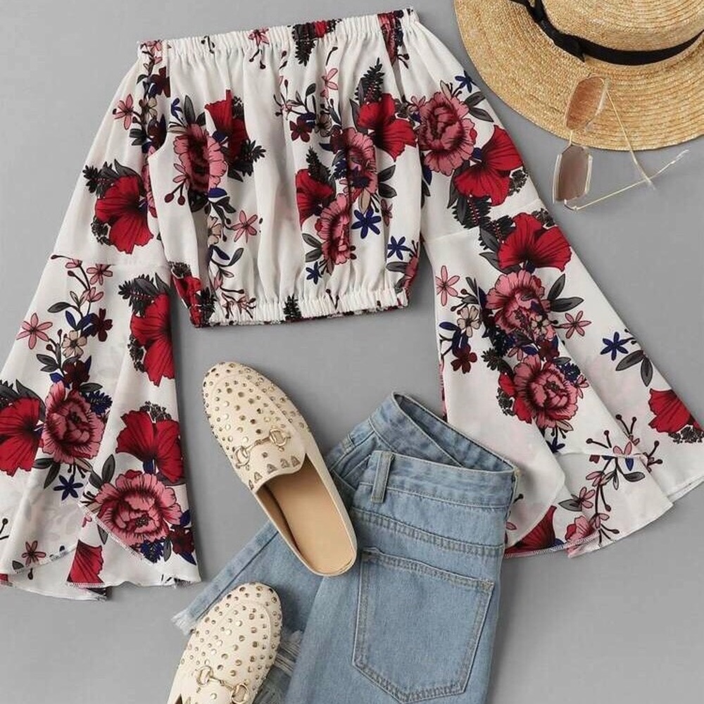 SHEIN Floral Bardot Crop Top